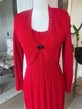 Elan Red Knit Midi Dress with Scalloped Bolero Detail